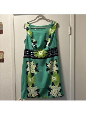 dressbarn Teal Floral Midi Sheath Dress with Yellow & White Accents